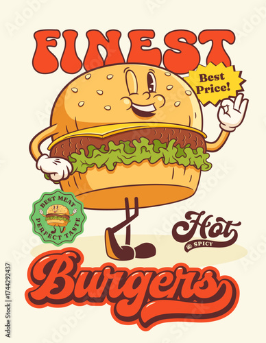 Groovy Burger Retro Character Poster. Cartoon Smiling Hamburger Advertising Banner Card with Price Stickers. Vector Fast Food Restaurant Funky Mascot Template. Happy Vintage Cool Illustration Isolated