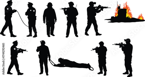 Police officers, firefighters, and soldiers silhouette vector illustration showing teamwork, rescue operation, and emergency response during fire and danger