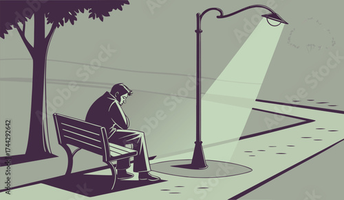 Solitary Man on Bench Under Streetlight: Evocative Silhouette Art for Night and Emotion Fans