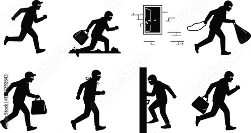 Thief silhouette, burglary poses, masked criminal, crowbar, stolen goods, break-in attempt, running escape, black vector illustration, security awareness, crime concept art