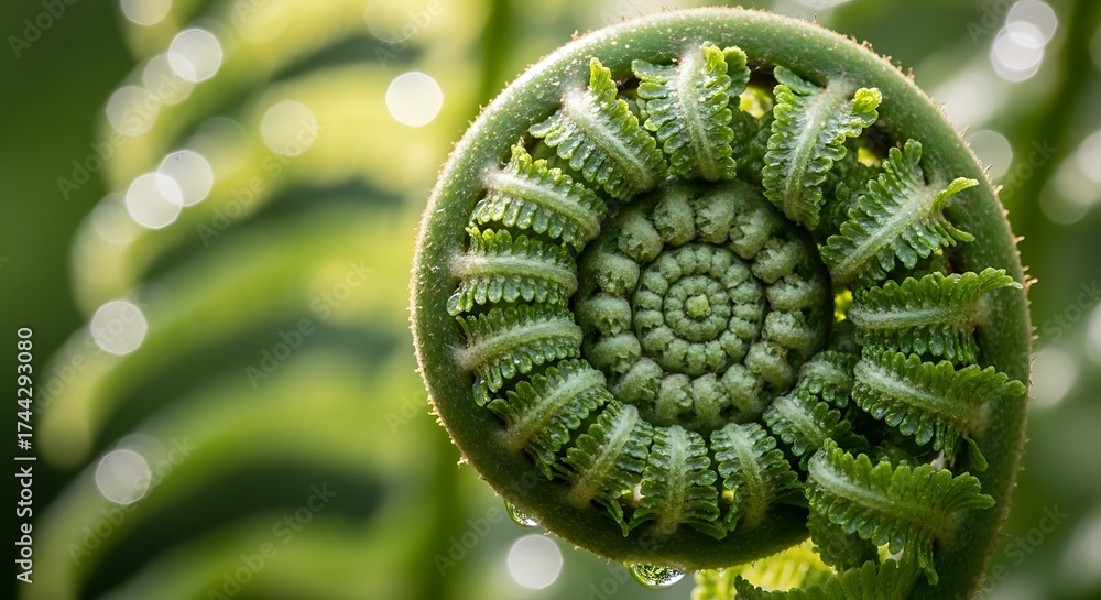 Obraz premium Close up of a green fern frond unfurling in a spiral pattern.