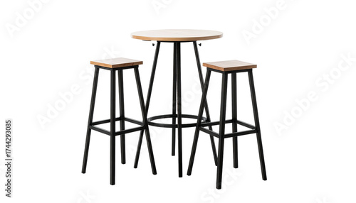 A high table and two stools, all with white tops, dark frames, against a black background