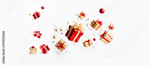 flying red and gold gift boxes with ribbons and ornaments for a festive christmas or birthday celebration on a clean white background.