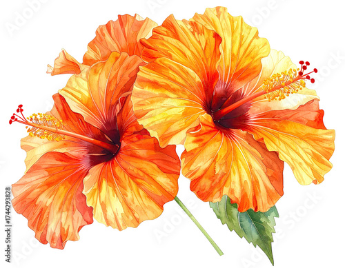 Watercolor painting of two vibrant orange hibiscus flowers with visible stamens and pistils