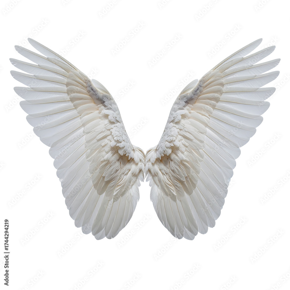 Fototapeta premium A symmetrical image of outstretched, pure white feathered wings against a stark black backdrop