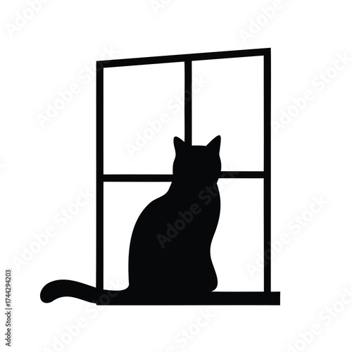 A black cat silhouette sits calmly in a window frame outline