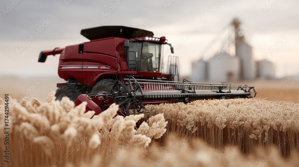 Fototapeta premium A large harvesting machine collects ripe grains in a golden field, set against a backdrop of silos under a cloudy sky