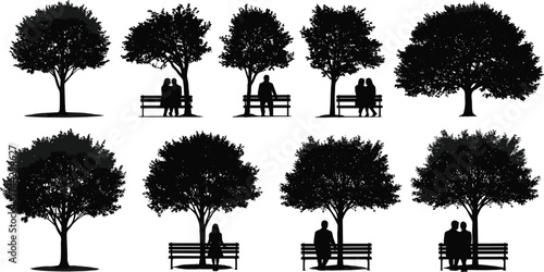 Romantic couple and people sitting on park benches under trees silhouette vector illustration, peaceful outdoor nature scene concept design