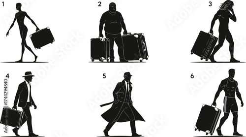 Silhouette travelers with luggage, diverse body types, fashion styles, walking poses, suitcase pulling, travel concept, black vector illustration for tourism, airport, journey