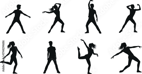 Creative group of dancing people silhouette illustration, energetic male and female dancer poses, modern dance movement, isolated black figures on white background, fitness and rhythm art