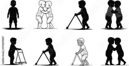 Toddlers walking, playing, interacting, using walkers, showing early childhood development, motor skills, social bonding, preschool activities, infant care, pediatric therapy, child growth stages