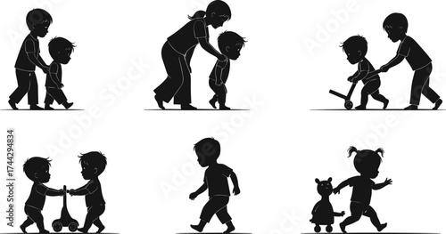 Children walking, playing, interacting, pulling toys, pushing scooters, guided by adults, showing early childhood development, motor skills, preschool activity, toddler mobility, infant care