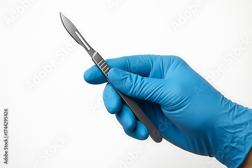 Close up of hand wearing blue medical gloves holding surgical scalpel on white background for healthcare concept