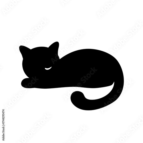 Elegant black cat curled up in a restful slumber silhouette image