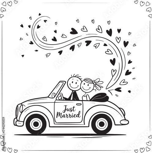 Love's Journey: A charming hand-drawn illustration captures a newlywed couple's joyous ride, hearts swirling in celebration of their matrimonial journey. 
