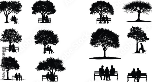 Romantic couples and people sitting on park benches under trees silhouette vector illustration, peaceful outdoor nature love relationship scene design