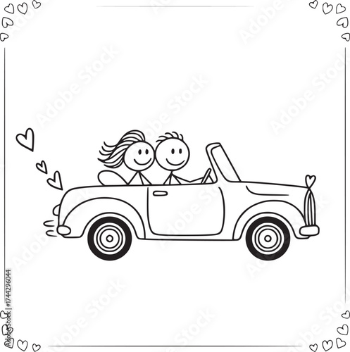 Love's Journey: A charming illustration of a couple embarking on their romantic adventure in a classic convertible, with hearts symbolizing love's embrace. 