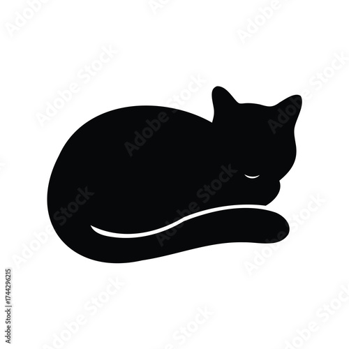 Black and white graphic illustration of a cat sleeping in a curl