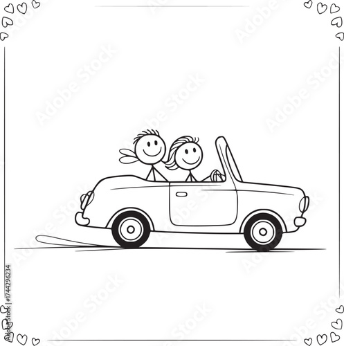Joyride of a Couple in Cartoon Car: A whimsical scene depicts a couple joyfully cruising in a classic convertible, full of glee and lightheartedness.