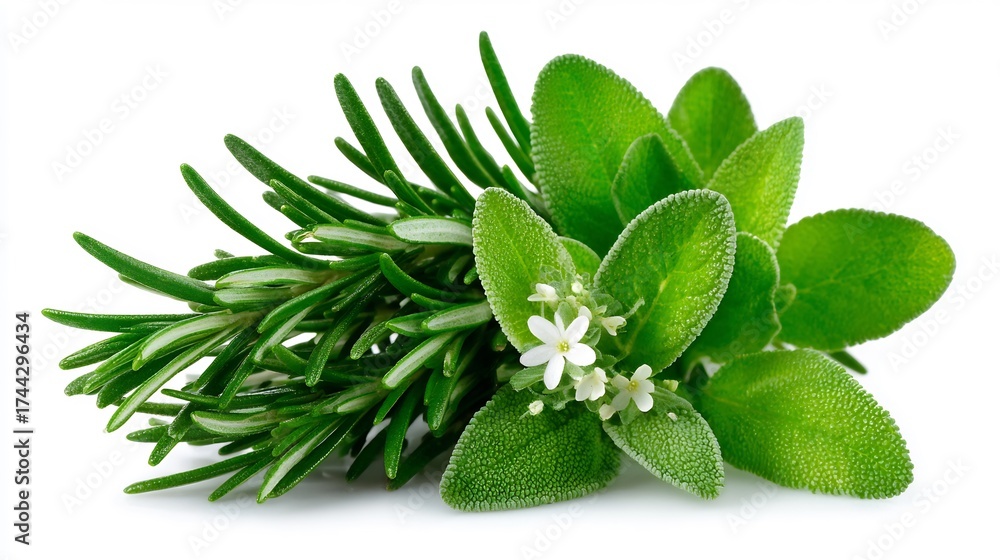 Obraz premium Fresh green herbs, including rosemary and sage, are artfully arranged against a clean white background for culinary use.
