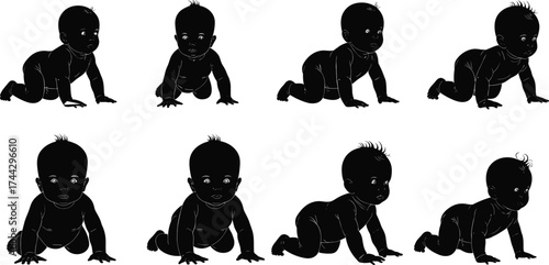 Crawling babies silhouette, infant movement, early childhood development, baby posture variations, motor skills, toddler activity, preschool growth, pediatric care, crawling stages, baby mobility