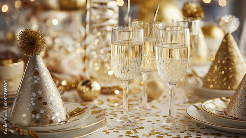 An elegant New Year's Eve party setting with a beautifully decorated table featuring sparkling champagne glasses, party hats, and glittering decorations. The ambiance is festive and inviting, ready fo