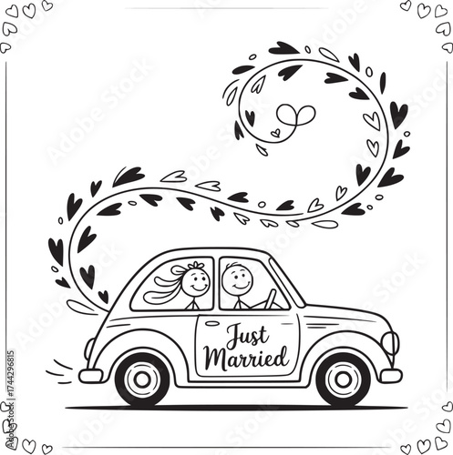 Just Married: A whimsical illustration of a newlywed couple joyfully cruising in their Just Married car, the scene exuding love, celebration, and the excitement of a new beginning.