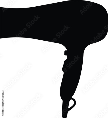 A stark black silhouette of a modern electric hairdryer on a white background silhouette