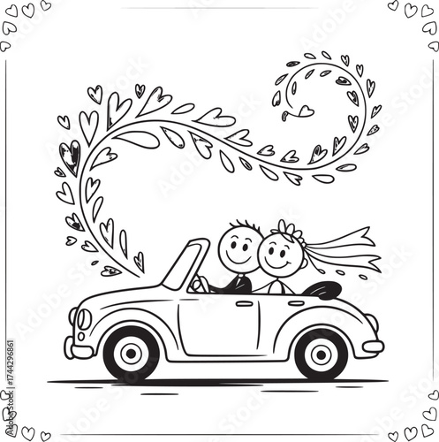 Just Married Car Illustration: A charming illustration captures the joyous moment of a newlywed couple embarking on their journey together in a classic convertible.