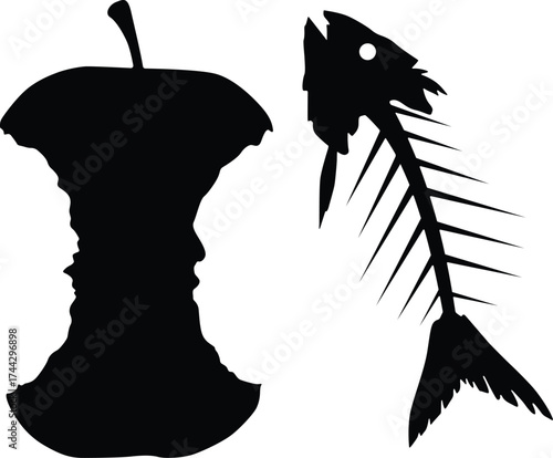 Apple core and fish skeleton in stark black silhouette against a white background