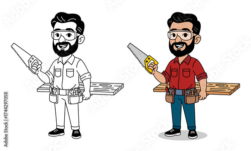 Cartoon Carpenter Holding Saw and Wooden Plank – Vector Illustration of Construction Worker