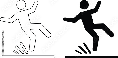 Two simple graphic representations of a person slipping on a wet surface silhouette
