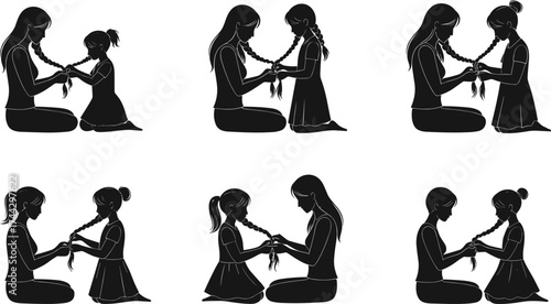 Mother braiding daughter’s hair, family bonding moment, African hairstyle care, nurturing relationship, 