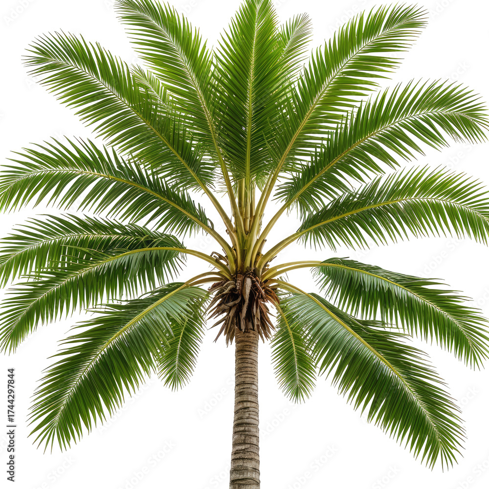 Fototapeta premium Lush green palm tree isolated on black. Sunlight reflects on leaves