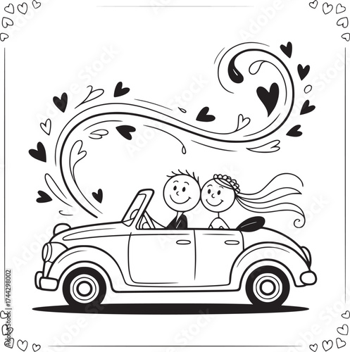 Wedding Day Journey: A cartoon depiction of a joyous couple in a classic car, surrounded by hearts, embarking on their wedding day journey.