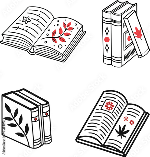 Open and closed books with decorative elements and leaves open book stack of books