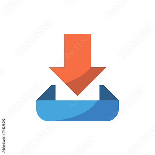 Download icon vector illustration in orange and blue for digital media and website design representing file transfer and data acquisition