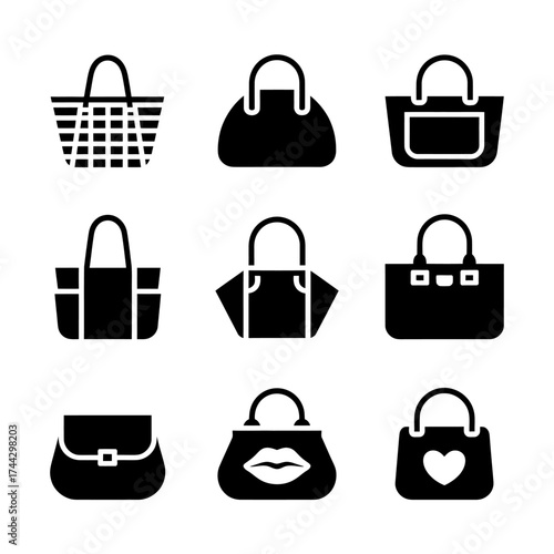 Variety of Stylish Handbag Icons in Black Silhouette for Fashion and Design Projects Vector Illustration