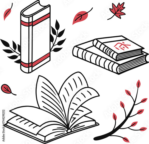 Stylized Books And Autumn Leaves In Red And Black Outline open book closed book