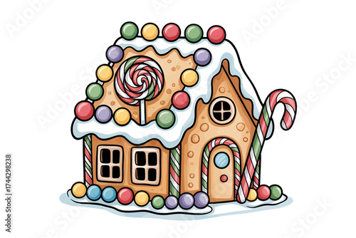 Charming Gingerbread House Illustration with Festive Candy Decorations and Snow Icing for the Holiday Season