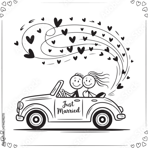 Newlywed Journey: A charming illustration captures the essence of Just Married bliss as a couple embarks on their romantic adventure in a vintage convertible, showered with love.