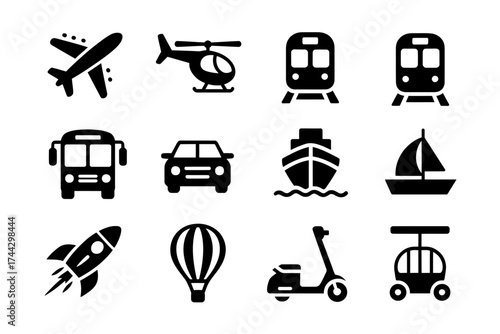 Assorted Transportation Icons Representing Various Modes of Travel and Transit Options for Commuting and Tourism