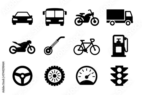 Transportation Vehicle Icon Set Car Bus Motorcycle Bicycle Fuel Pump Traffic Light Illustration