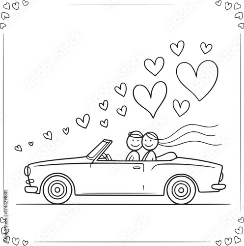 Newlywed in love car : A newly married couple in love, joyfully driving in convertible, surrounded by hearts, symbolizing love and the beginning of their journey together.