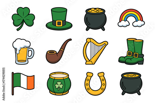 St Patricks Day Cartoon Style Icons Lucky Charms Celebration Symbols Holiday Elements Irish Culture and Traditions Vector Illustration