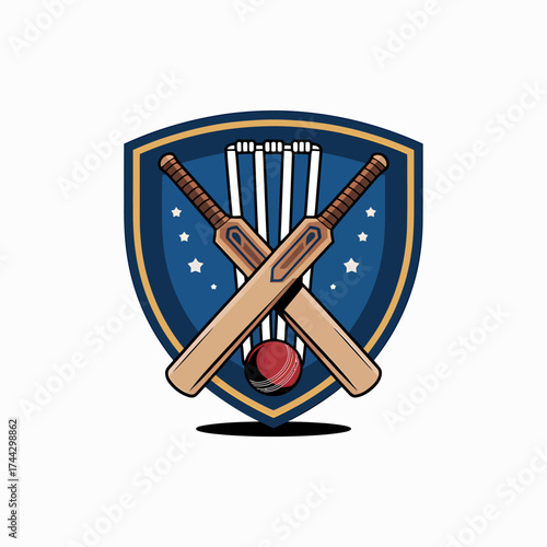 Cricket Sport Emblem with Bats Wickets and Ball on Shield Design Illustration for Sporting Events and Team Logos