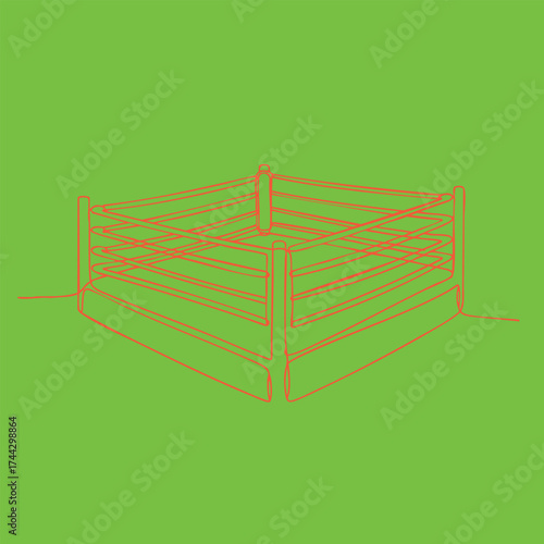 Minimalist wireframe model of a square boxing ring with four corner posts and multiple horizontal ropes on a vibrant green