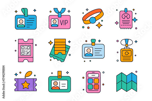 Collection of Event and Identification Icons Badges Tickets Map and More for Creative Design Projects