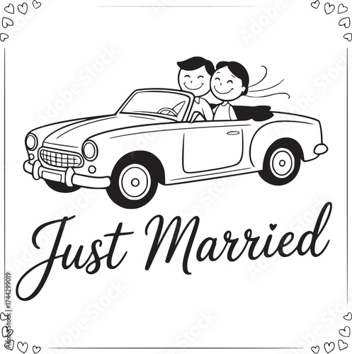 Love's Journey: A vintage car carries a newlywed couple on their celebratory ride, the Just Married banner proclaims their joyous union, a symbol of new beginnings and endless possibilities.
