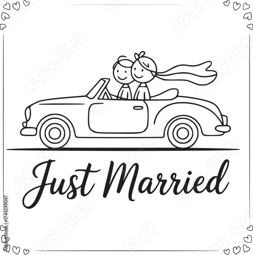 Wedding Day Bliss: A delightful cartoon illustration portrays a newly married couple in a classic convertible, symbolizing the start of their joyful journey together.
